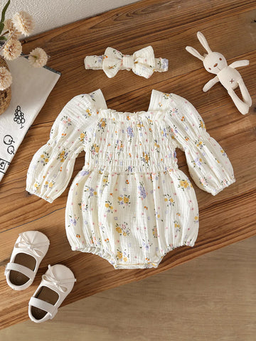 2 Pc Baby Girl Floral Smocked Romper & Bow Headband Set