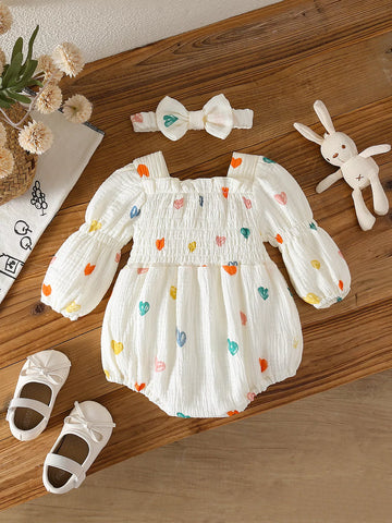 2 Pc Baby Girl Floral Smocked Romper & Bow Headband Set