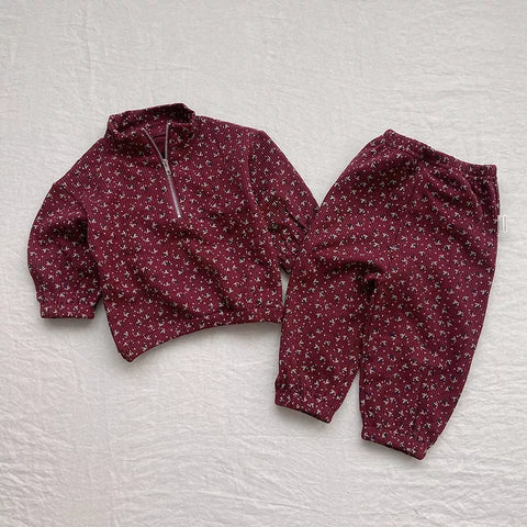 2 Pc Unisex Kids Floral Print Zip Up Waffle Set