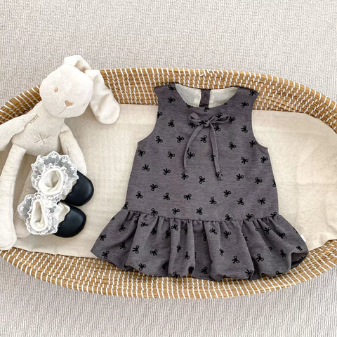 2 Pc Baby Girl Bow Print Peter Pan Collar Ruffle Dress