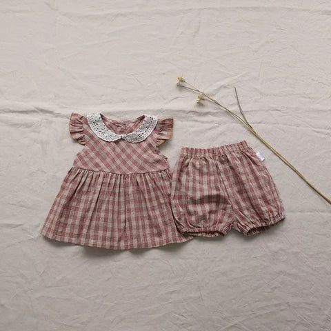 3 Pc Baby Girl Plaid Dress, Bloomers & Bonnet Set
