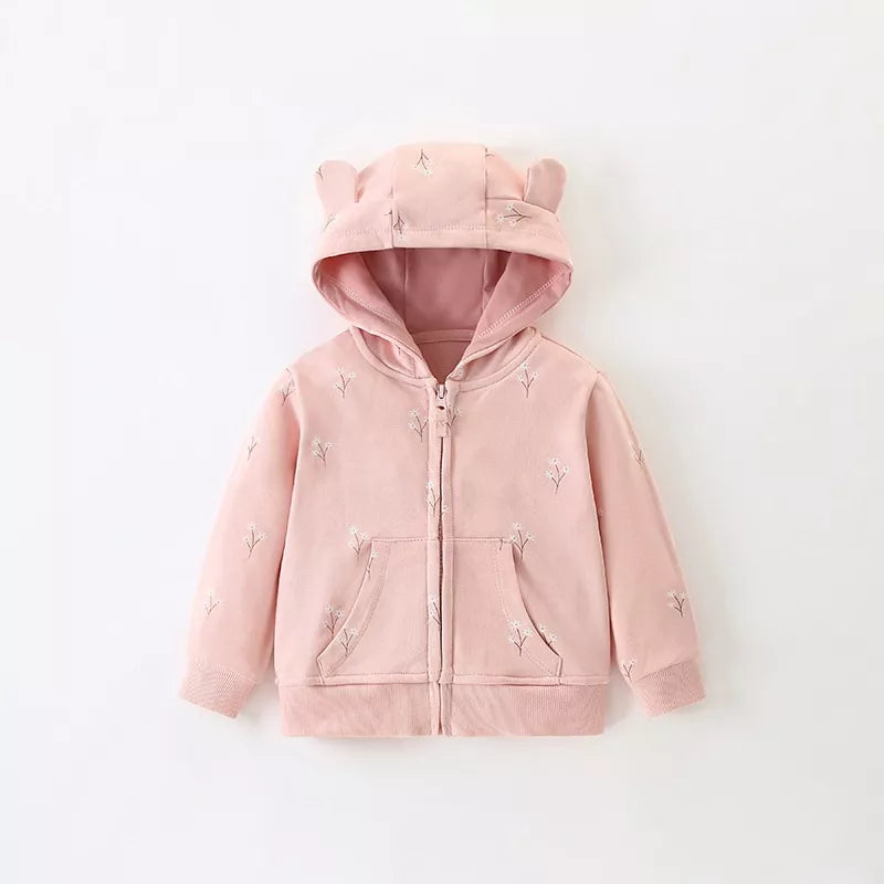 Baby Girl Floral Print Bear-Ear Zip-Up Hoodie