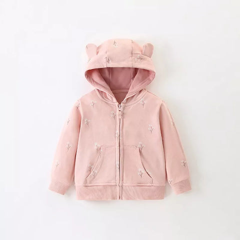 Baby Girl Floral Print Bear-Ear Zip-Up Hoodie