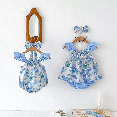 Girls Blue Floral Onesie or 3 Pc Shorts Set