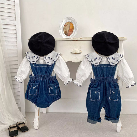 2 Pc Baby Girl Denim Pinafore w/Shirt