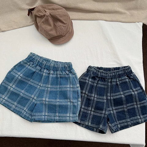 Boys Wide Denim Plaid Shorts