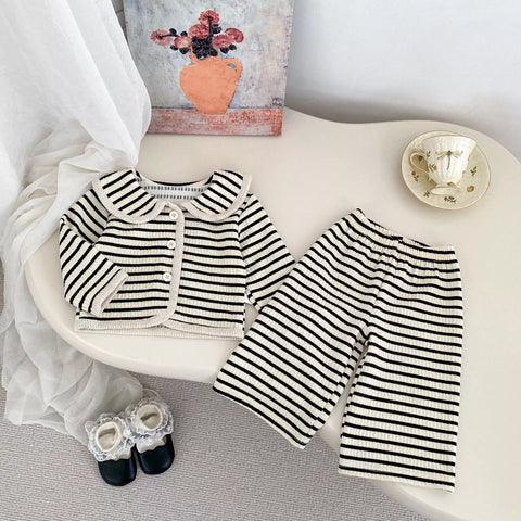2 Pc Girls French Stripe Cardigan Wide Pants Set