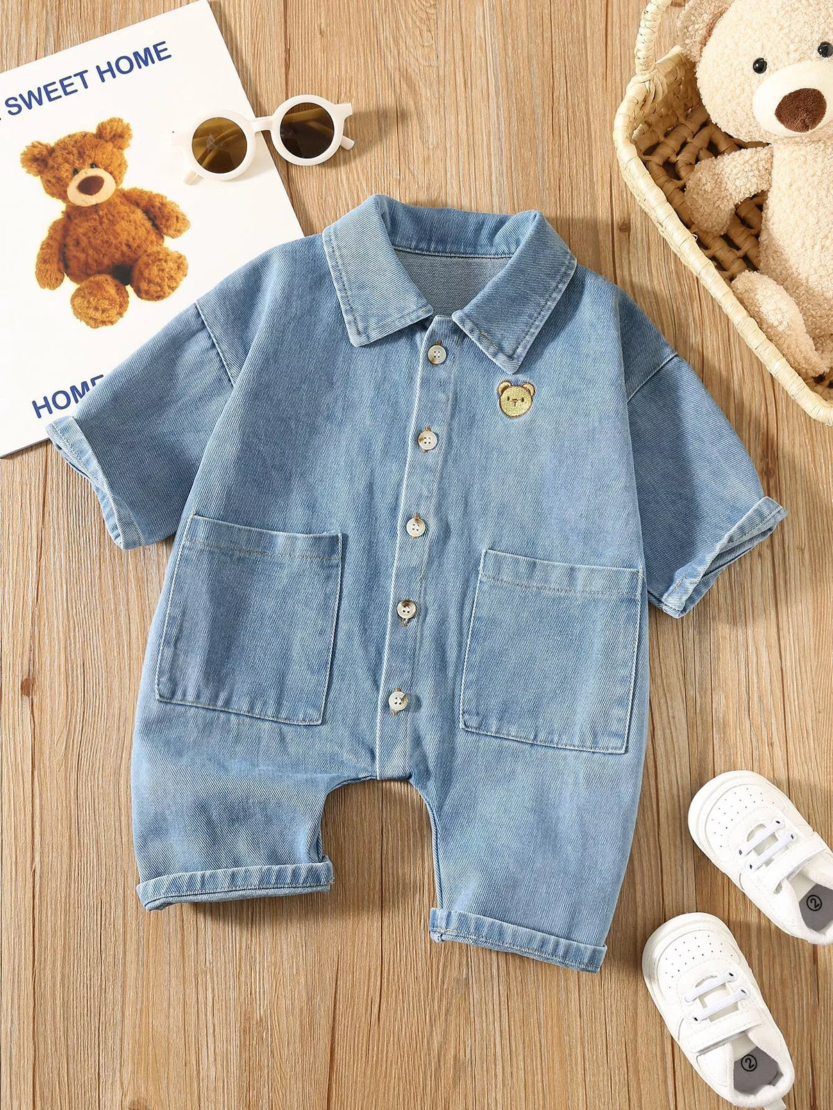 Baby Boy Denim Romper Bear Patch