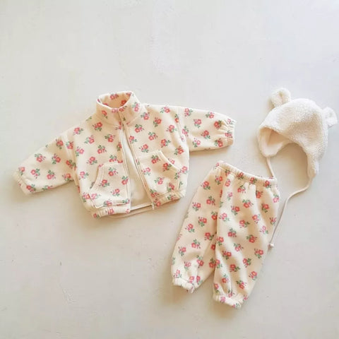 2 Pc Girls Floral Print Fleece Zip Up Set