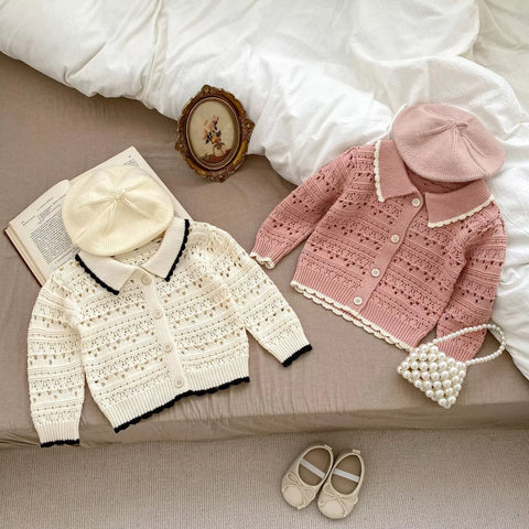 Baby Girl Hollow Knit Scallop Trim Cardigan