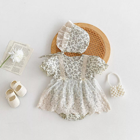 Baby Girl Vintage Floral Mesh Skirt Bodysuit w/ Bonnet