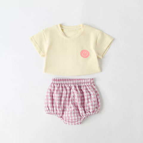 2 Pc Baby Girl Gingham Bloomer w/ Happy Face Tee
