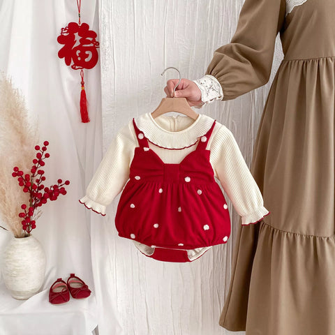 Baby Girl Fleece Lined Polka Dot Bow Bodysuit