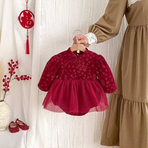 Baby Girl Fleece Lined Cheongsam Floral Tulle Bodysuit