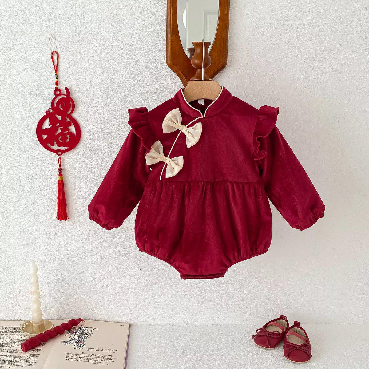 Baby Girl Fleece Lined Bow Qipao Bodysuit