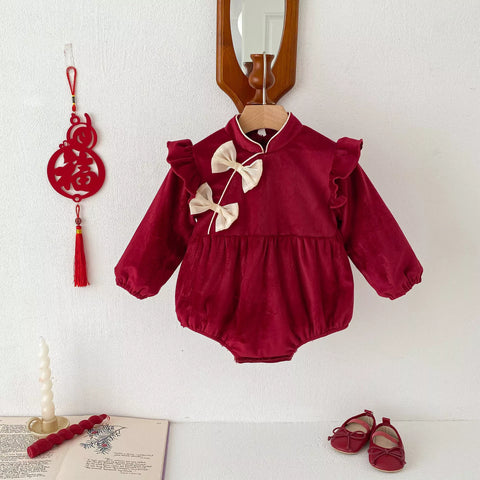 Baby Girl Fleece Lined Bow Qipao Bodysuit