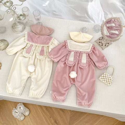 Baby Girl Corduroy Bunny Ears Collar Romper