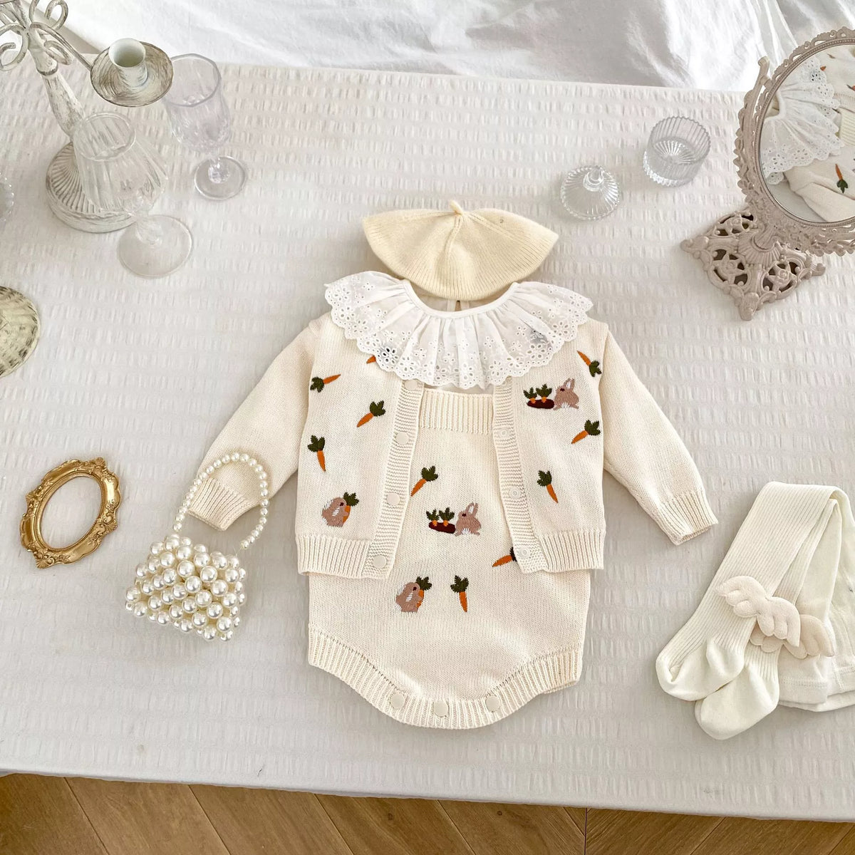 2 Pc Baby Girl Rabbit & Carrot Cardigan and Bodysuit Set