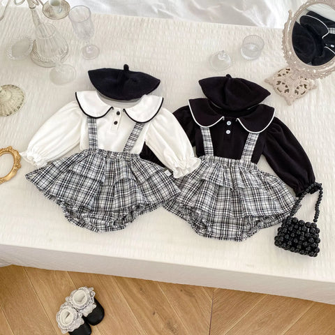 2 Pc Baby Girl Plaid Overall Skirt w/ Collar Shirt