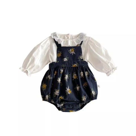 2 Pc Baby Girl Floral Bouquet Overall w/ Long Sleeve Top Set