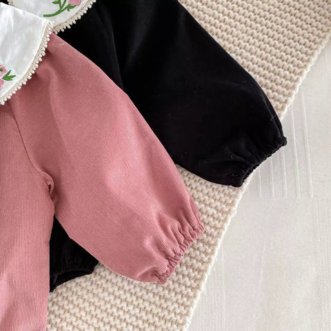 Baby Girls Corduroy Bodysuit with Flower Collar
