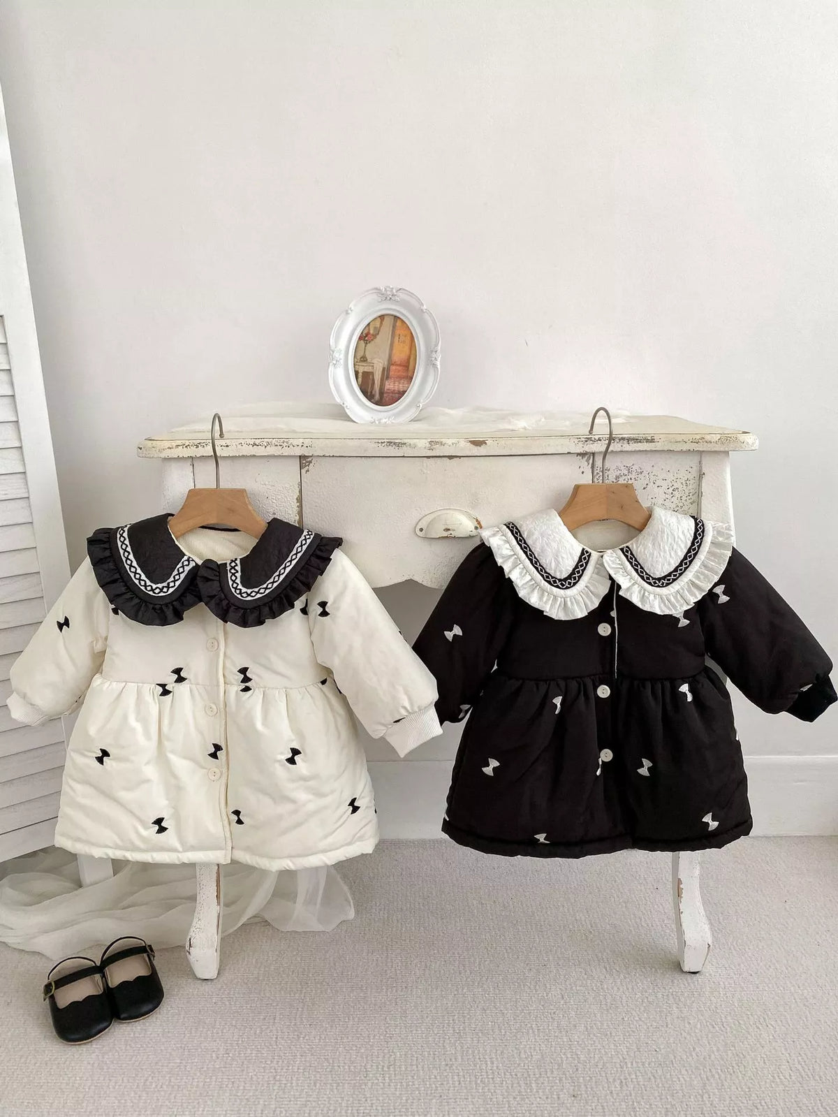 Girl Contrast Collar Bow Puff Coat