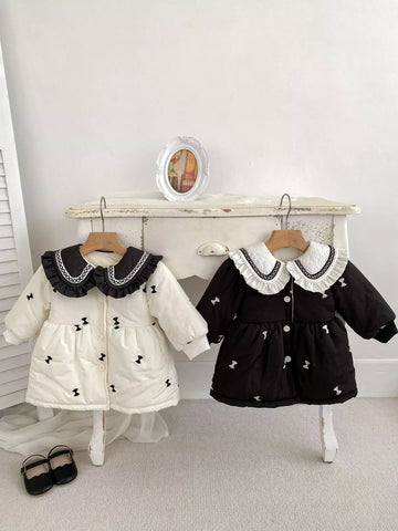 Girl Contrast Collar Bow Puff Coat
