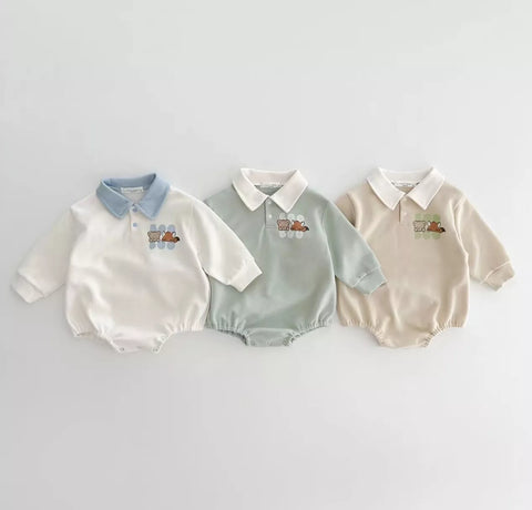Baby Boy Bear & Fox Print Polo Bodysuit
