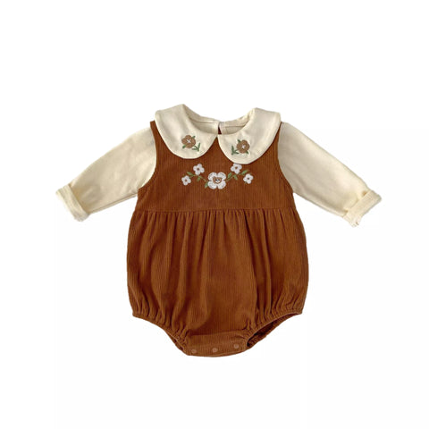 2 Pc Baby Girl Spring Flower Corduroy Overall Bodysuit
