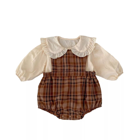 2 Pc Baby Girl Autumn Plaid Bodysuit w/ Ruffle Collar Shirt