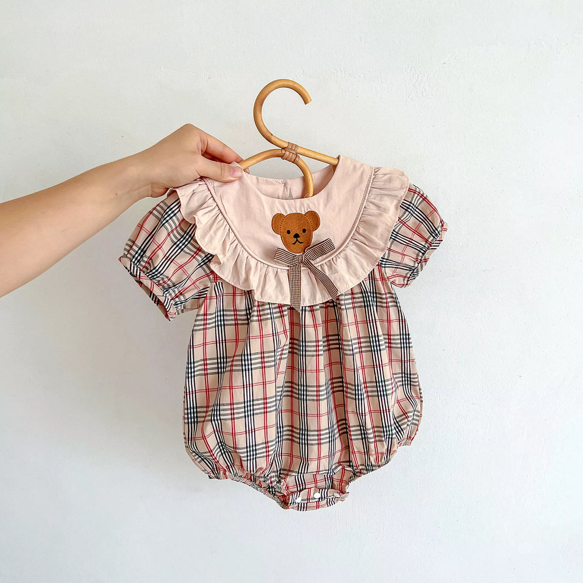 Baby Girl Bear Ruffle Bib Nova Check Bodysuit
