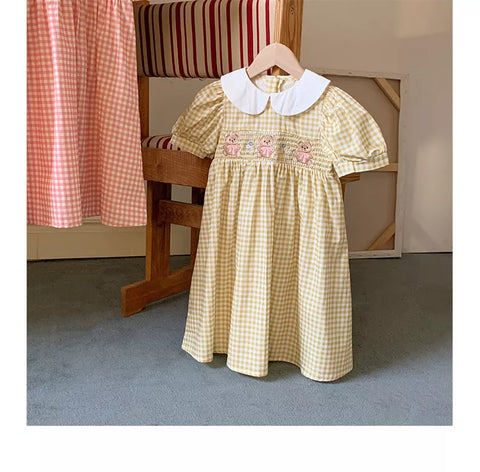 Girls Gingham Smocked Bodice Bear Collar Dress