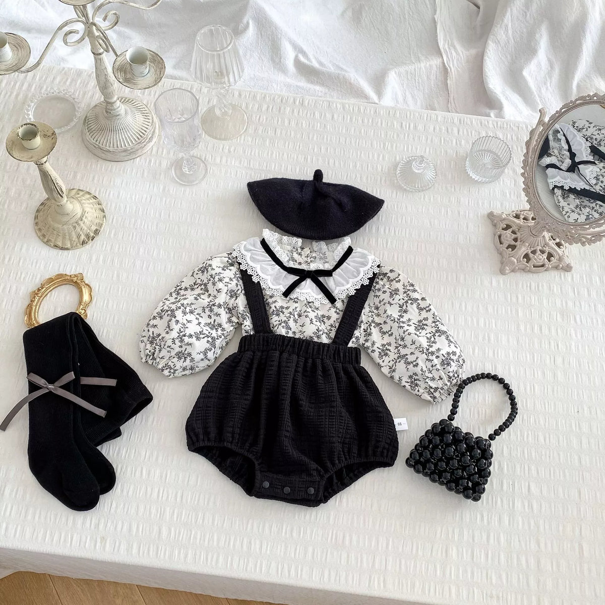 2 Pc Parisian Overall Bloomer with Ruffle Collar Shirt