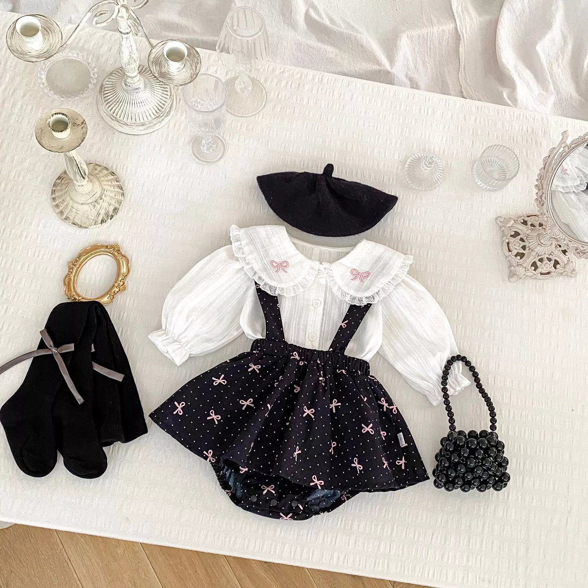 2 Pc Parisian Overall Skirt with Bow Collar Shirt