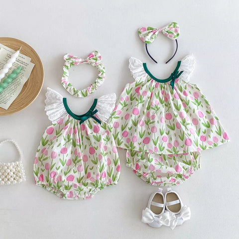 2 Pc Girls Tulip Print Dress/Bodysuit with Headband