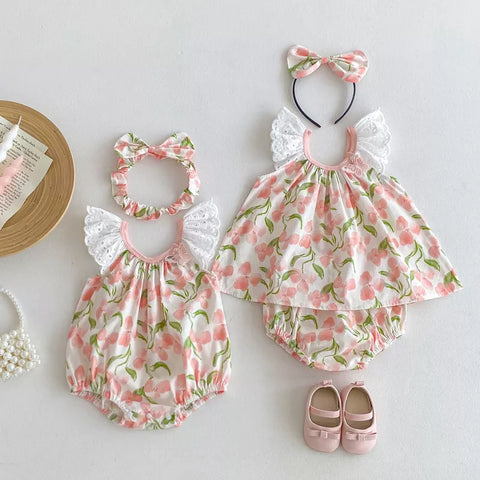 2 Pc Girls Tropical Floral Print Dress/Bodysuit with Headband