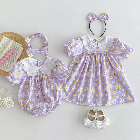 2 Pc Girls Bubble Sleeve Daisy Print Bodysuit/Dress