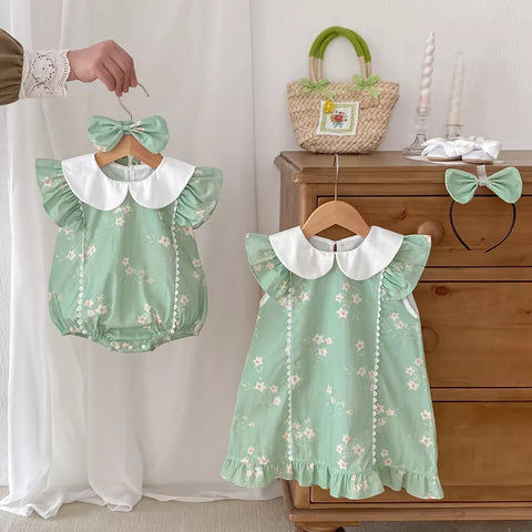 2 Pc Girls Mint Floral Collar Bodysuit/Dress