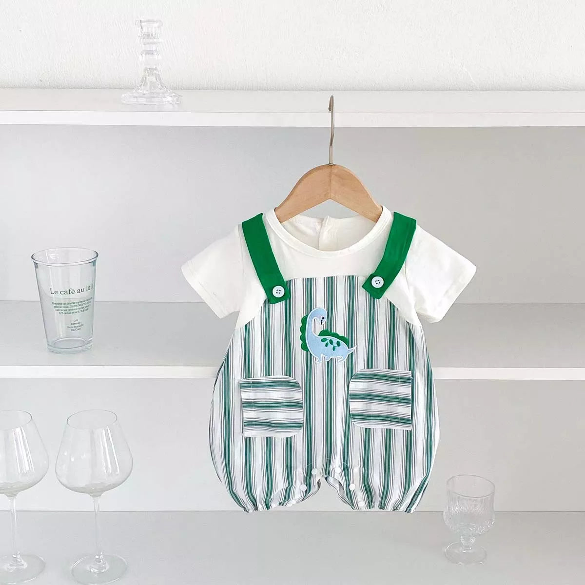 2 pc Baby Boy Stripe Dinosaur Overalls & Tee Set