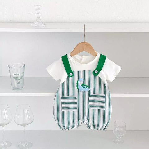 2 pc Baby Boy Stripe Dinosaur Overalls & Tee Set