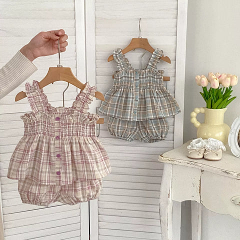 2 Pc Baby Girl Plaid Smock Cami & Shorts Set