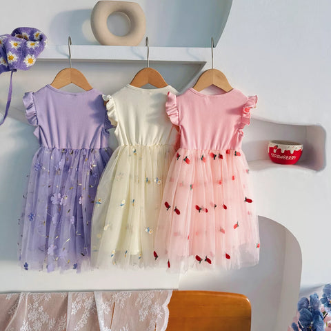 Girls Mesh Skirt Flower Ruffle Sleeve Dress