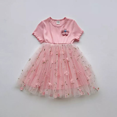 Girls Mesh Skirt Flower Tee Shirt Dress