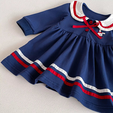 Baby Girls Bunny Ear Collar Color Block Ribbon Dress