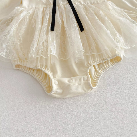 Baby Girl Romantic Lace Contrast Ribbon Bow Tie Dress
