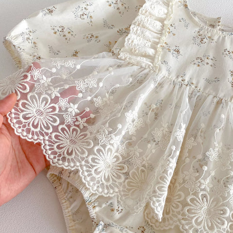 2 Pc Baby Girl Ditsy Lace Floral Dress with Bonnet