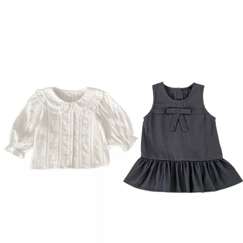 2 Pc Girls Ruffle Collar Shirt with Drop Waist Jumper Dress