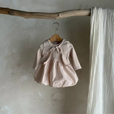 2 Pc Baby Girl Ribbed Cardigan & Bubble Hem Dress