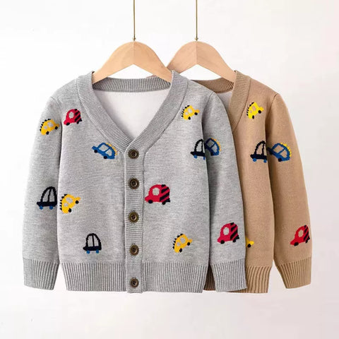 Boys Cars Print Button Up Cardigan Sweater