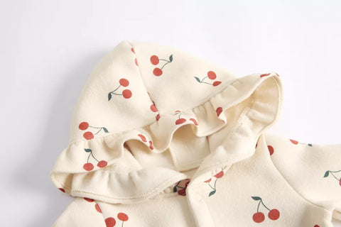 Baby Girl Cherry Print Ruffle Hooded Romper